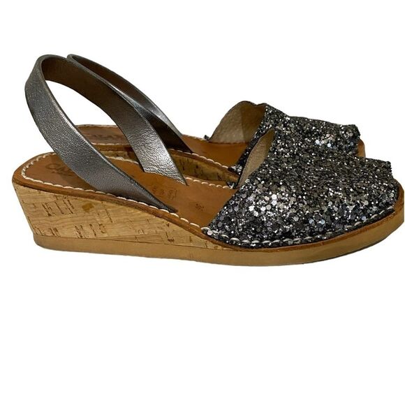 Calaxini Leather Black Silver Glitter Low Wedge Sling Back Sandals Made in Spain - Picture 4 of 12